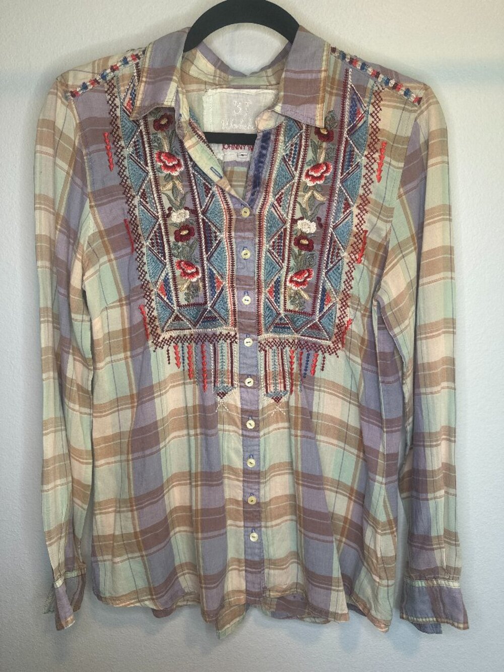 Johnny Was Festival Boho Hippie Plaid Embroidered Button-Up Shirt - Small